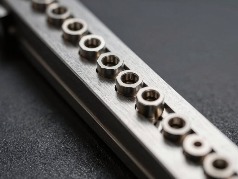 Macro close-up orthographic view of a metal progressive die strip layout showing progressive stamping stages from flat sheet to finished connector, pristine steel, sharp side lighting, dark charcoal background.