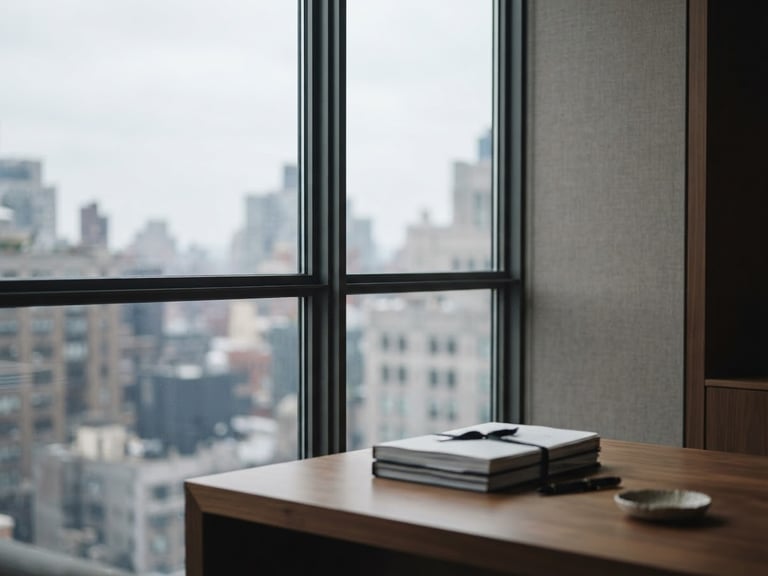 Dignified architectural detail of a modern law office window, soft overcast daylight, muted cool tones, shallow depth of field, 35mm lens