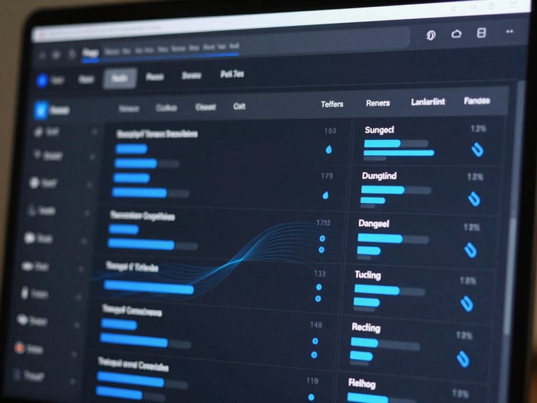 Dark-mode dashboard screen showing a ranked recommendation list with bar chart indicators, electric blue priority markers next to each row, abstract data visualization elements, cool clinical lighting from the screen