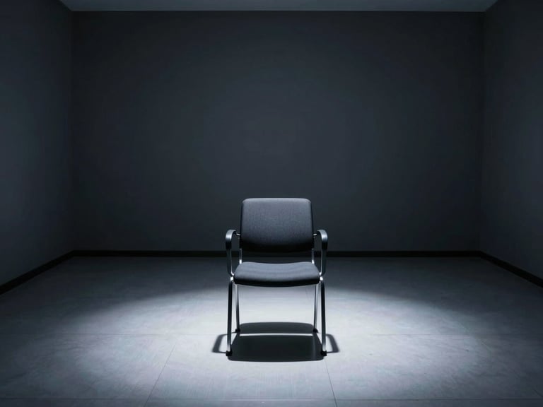 Clinical wide-angle shot of an empty consular interview room, single chair under a high-contrast cool spotlight, minimalist dark walls, geometric shadow lines on the floor, no people, prepared and precise atmosphere