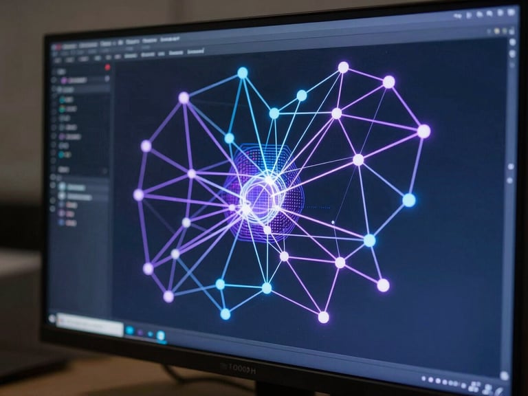 Close-up of an AI processing visualization on a dark monitor, purple and blue neural network nodes connected by glowing lines, heatmap overlay showing pattern recognition in progress, cool 5000K lighting