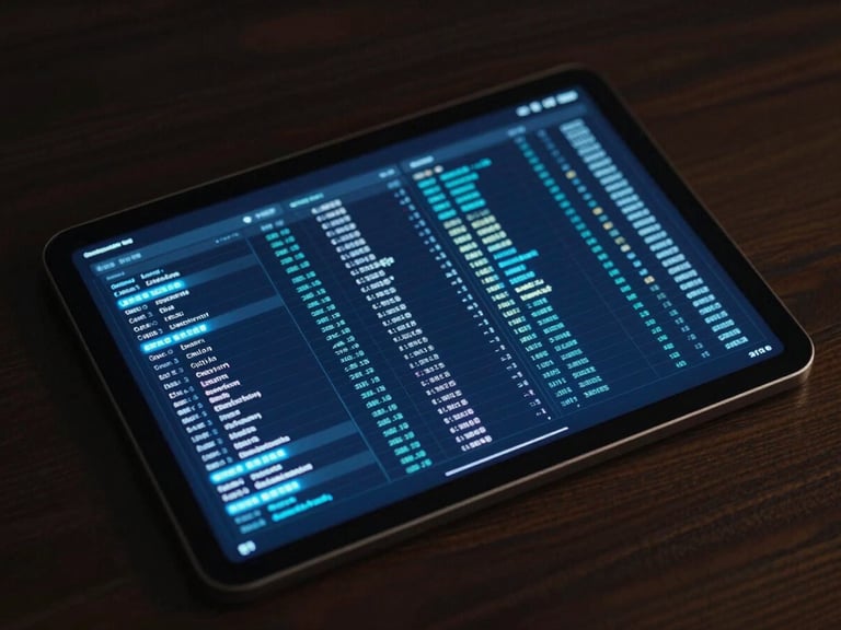 Overhead flat-lay of a digital form on a dark-mode tablet screen, structured data fields glowing with electric blue highlights, cool studio lighting, abstract data grid visible in background