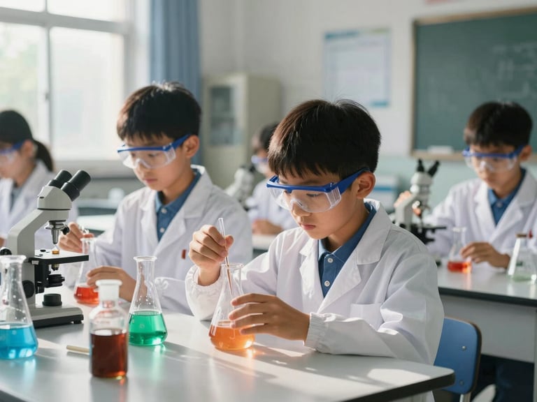 A bright, modern school science laboratory with students wearing protective goggles, conducting a safe chemistry experiment under natural morning light.