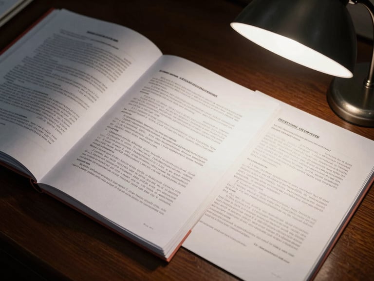 Close-up overhead composition of open legal case files and printed statutes on a dark mahogany desk under a tungsten reading lamp, pages annotated with handwritten margin notes, sharp shadows cutting across document edges, no people visible