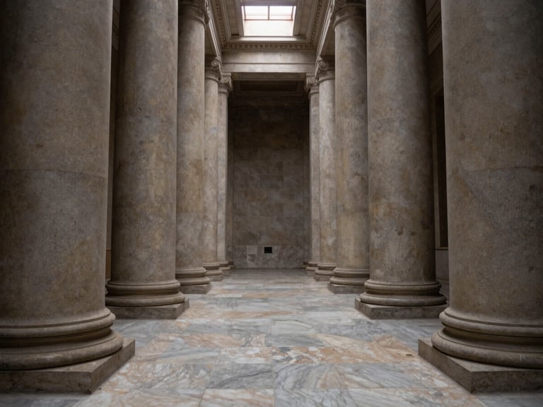 Architectural detail of a tribunal corridor, tall stone columns receding into shadow, a single overhead skylight casting a narrow column of daylight across worn marble floor, empty and silent, framed from a low wide angle