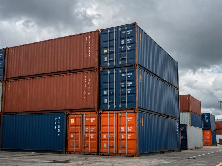 A dramatic high-contrast macro shot of industrial shipping containers stacked at a port terminal under heavy overcast skies, safety orange accents visible.
