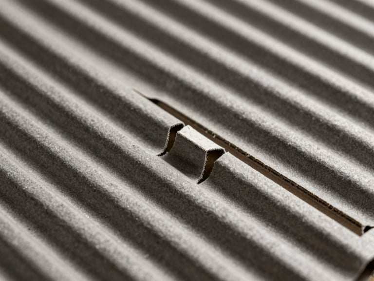 Macro shot of raw corrugated paper fluting, high-contrast technical studio lighting, sharp shadows defining the interlocking cardboard tabs, charcoal and kraft tones.
