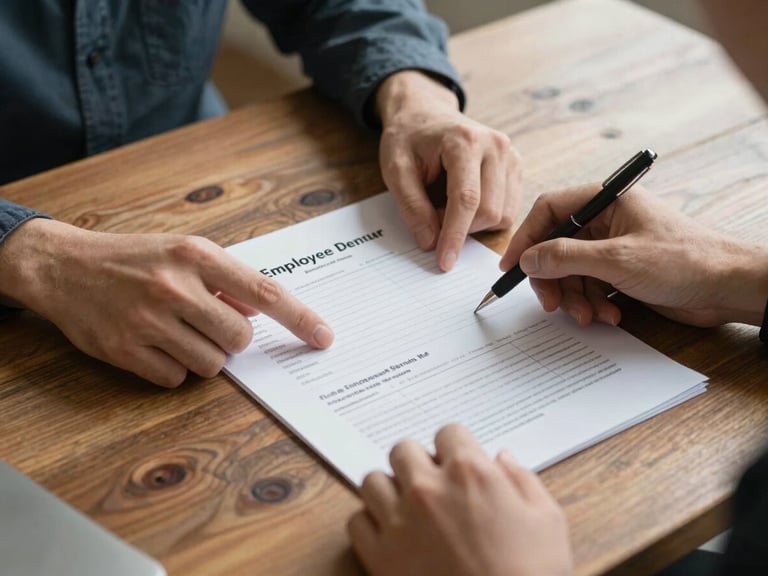 Close-up of collaborative document review, two pairs of hands pointing to a printed employee handbook on a rustic wooden table, soft indirect morning light.