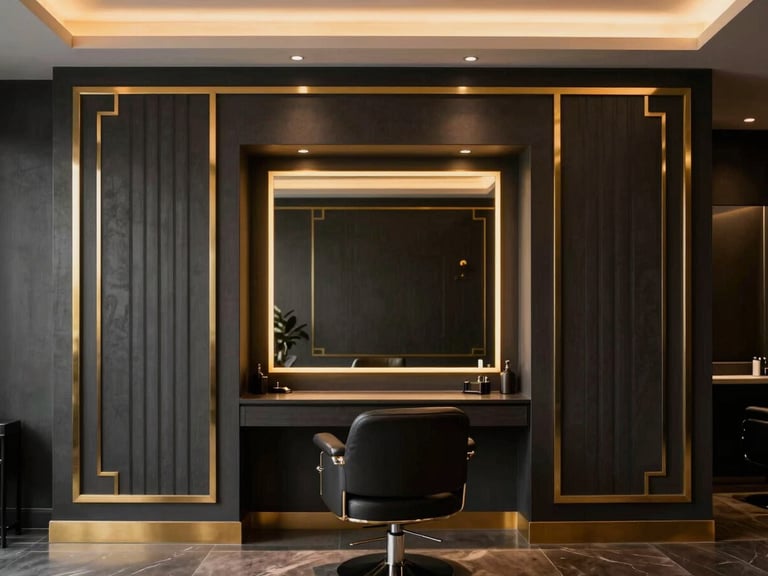 Straight-on architectural elevation of a dark luxury salon, charcoal fluted walls, matte gold geometric trims, warm dramatic lighting
