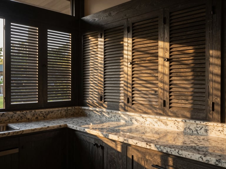 Warm editorial interior photography of a modern pavilion kitchen, precision-cut quartz countertops, dark WPC louvered screen, soft golden hour light