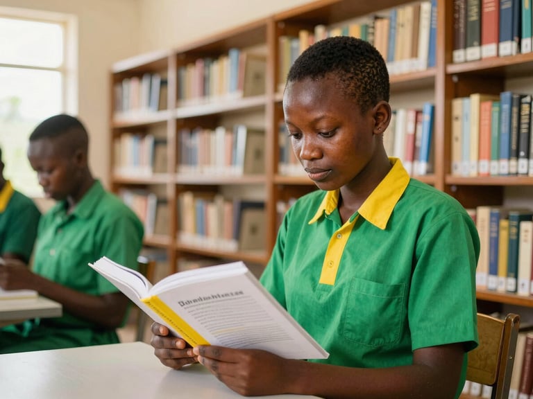 Cameroonian student in green uniform reviewing a textbook in a bright modern library, warm natural daylight, 35mm
