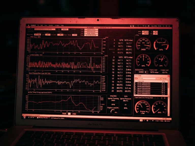 Macro close-up of a laptop screen displaying complex engine diagnostic logs and graphs, high contrast, dramatic red ambient glow, dark moody atmosphere, 35mm