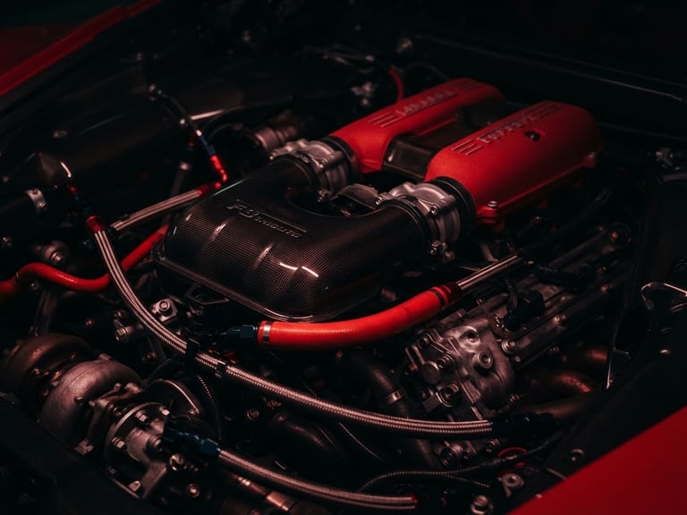 Macro shot of a high-performance sports car engine bay, carbon fiber intakes, sharp red ambient lighting, high contrast metallic textures, dark moody, 35mm