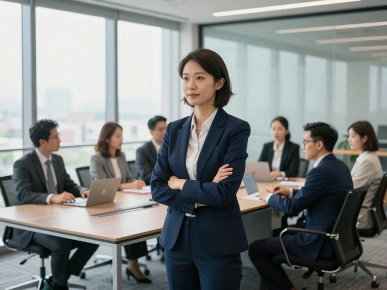 Corporate leadership workshop in a modern glass boardroom, active collaboration, natural window light, professional atmosphere, deep navy accents