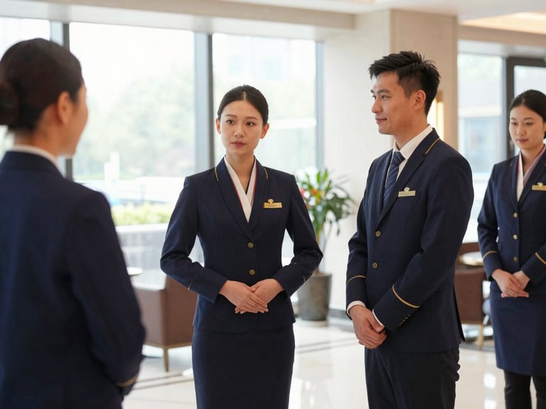 Professional hospitality staff in a luxury hotel lobby receiving English communication training, bright natural light, deep navy uniforms, editorial corporate photography
