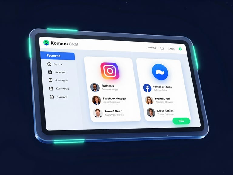 Mockup de tela mostrando a integração do Instagram e Facebook Messenger dentro do Kommo CRM, com notificações de mensagens em um ambiente futurista.