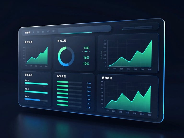 Futuristic 3D render of a sleek, dark UI dashboard with glowing neon blue and green charts and graphs, displaying real-time sales metrics and analytics, dark background, sleek glassmorphism.