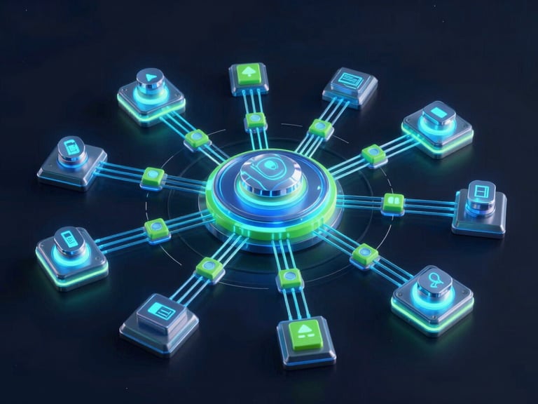 Futuristic 3D render of an AI agent diagram, showing data flowing through neural networks and automation nodes, glowing neon blue and green accents, dark background, sleek glassmorphism.