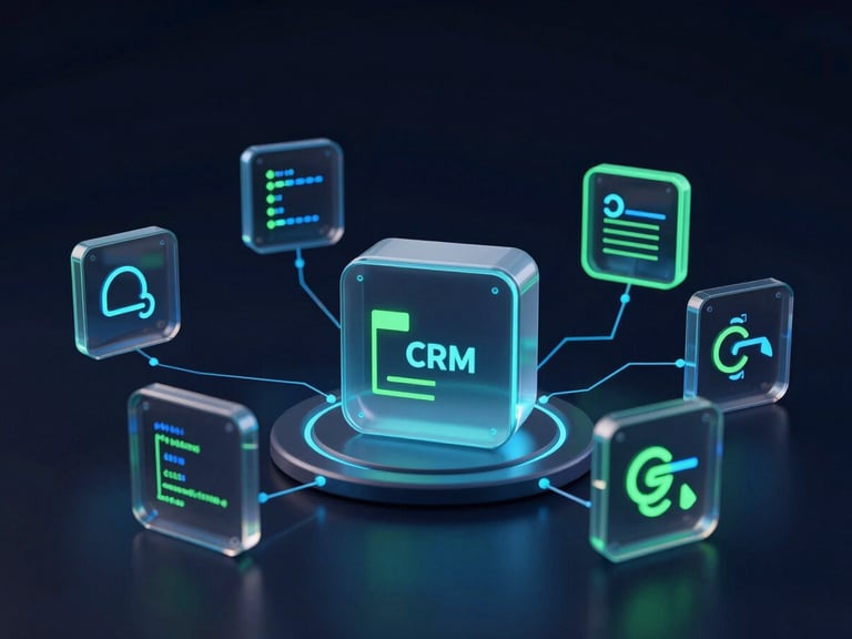 Representação abstrata de um agente de IA interagindo com dados de CRM, com linhas de código e luzes neon azul e verde em um fundo escuro.