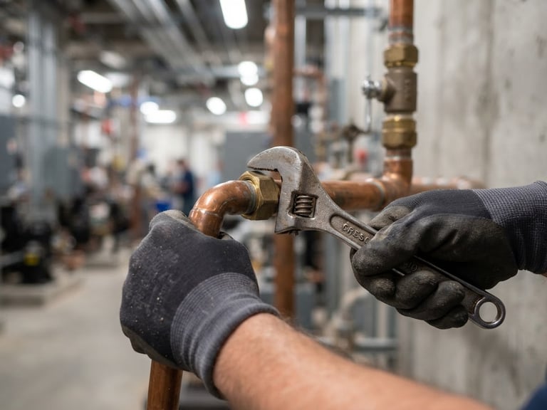 Close-up of a technician's hands holding a copper pipe and a wrench, with a blurred industrial background, bright utility lighting, sharp focus, 50mm lens. The technician is wearing work gloves.