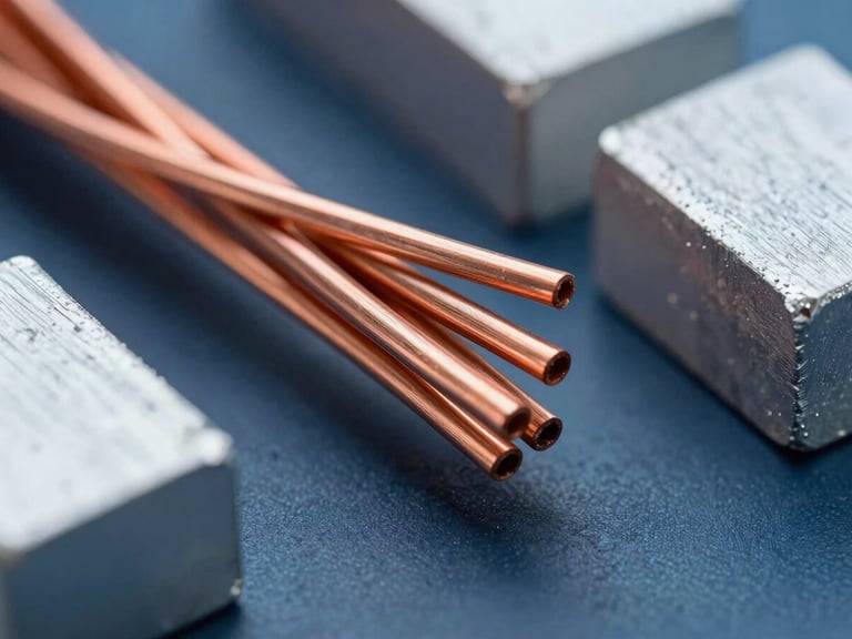 Macro shot of clean, compressed copper wire scrap and aluminum blocks, warm metallic copper highlights, cool industrial lighting, sharp focus