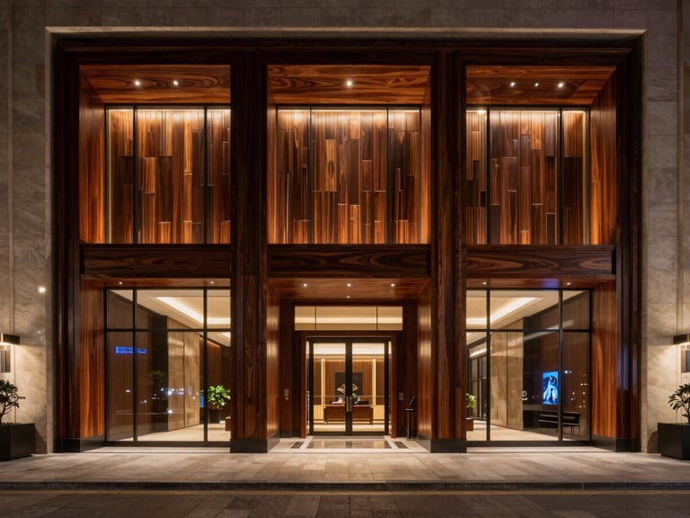 Wide panoramic 21:9 architectural shot of a luxury hotel lobby at night, a monumental triptych of dark oak marquetry glowing under dramatic gallery lighting.