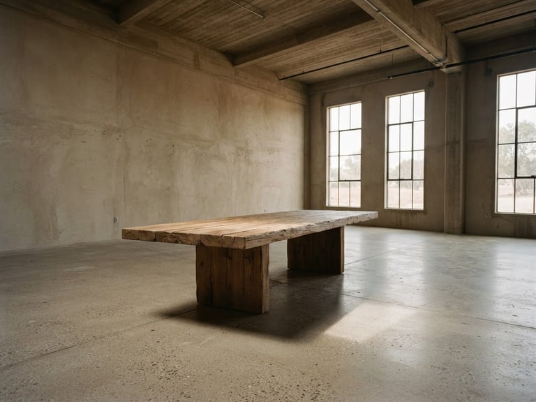 Low-angle wide environmental shot of a monolithic oak dining table in an empty, high-ceilinged concrete room. Soft diffused side-angled daylight casts long, gentle shadows. Warm sand and travertine tones, medium format film.