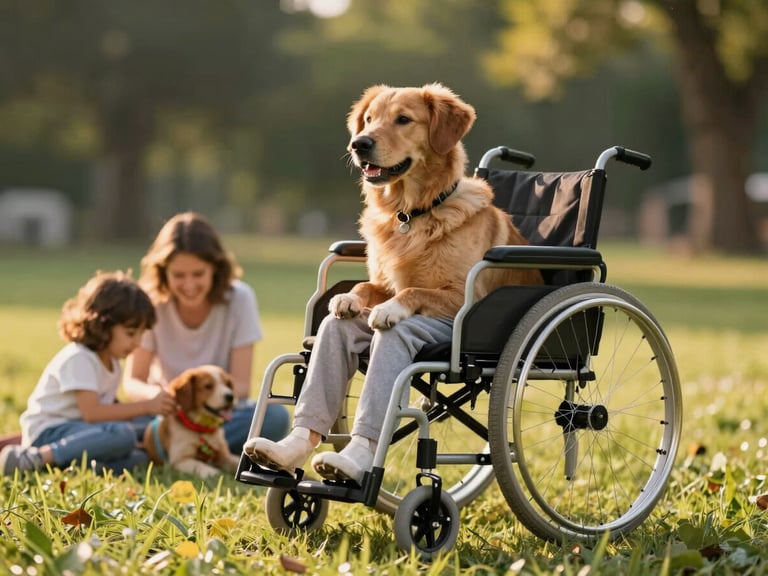 Perro feliz en silla de ruedas veterinaria, jugando en un parque con su familia, luz natural dorada, enfoque nítido.