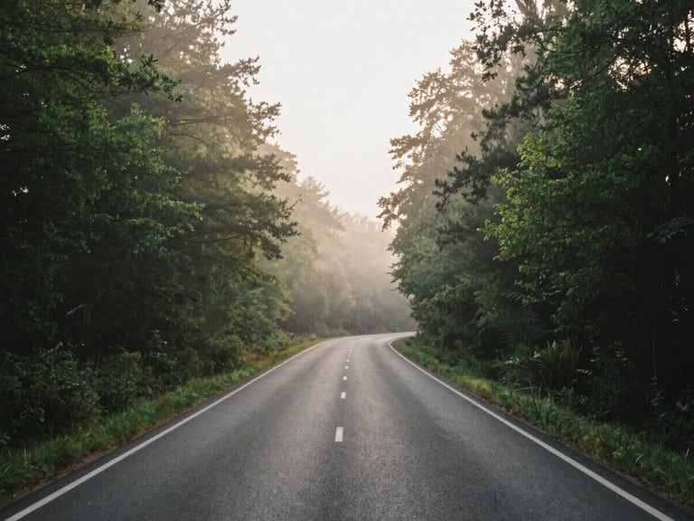 Empty winding asphalt road disappearing into the misty green Compiègne forest, soft morning light filtering through the tall trees, serene atmospheric travel mood, no cars.