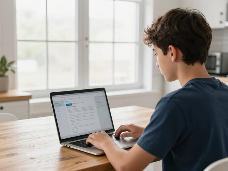 Over-the-shoulder view of an Indiana K-12 student using a laptop at a bright wooden kitchen table, soft morning window light, high contrast, 35mm lens.