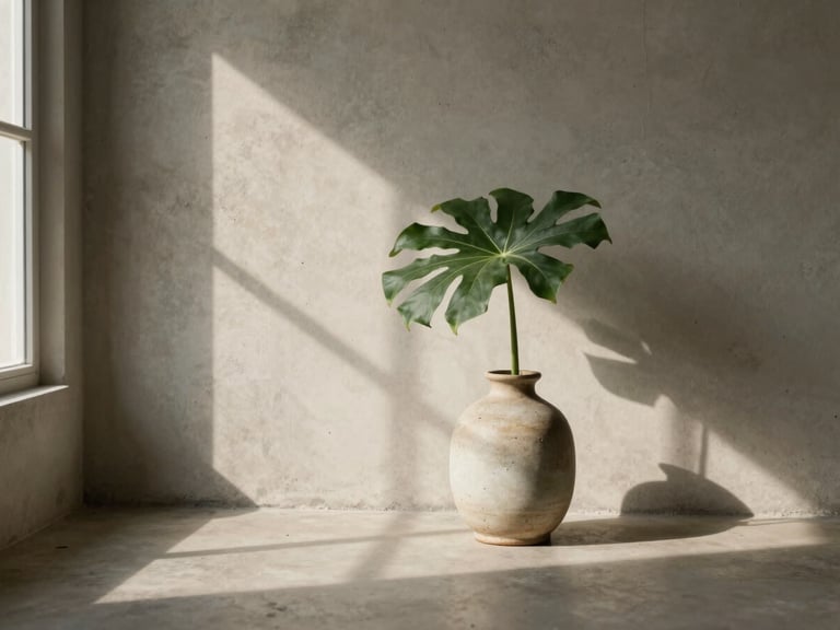 A minimalist room with soft morning light streaming through a window, casting gentle shadows on a concrete wall, a single green leaf in a ceramic vase, warm editorial photography