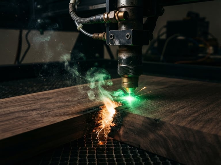 Extreme close-up of a high-power laser head cutting through thick dark walnut wood, bright green laser beam focused on the surface, dramatic workshop lighting, rich textures and smoke particles, 50mm lens