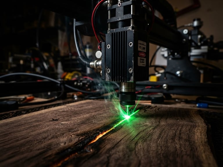 Extreme close-up of a high-tech laser module head emitting a sharp green light beam onto raw walnut wood, dark workshop background, high-contrast lighting, 50mm lens