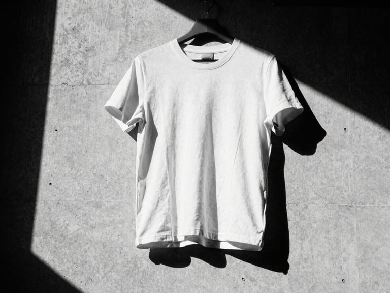 Low-angle shot of a t-shirt hanging perfectly structured, highlighting its architectural form against a stark concrete wall, harsh direct sunlight, deep shadows, monochrome black and white, 35mm film