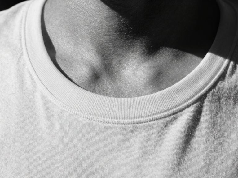 Tight macro crop of a t-shirt neckline, showing the reinforced stitching and fabric structure, harsh direct sunlight, deep shadows, monochrome black and white, 35mm film