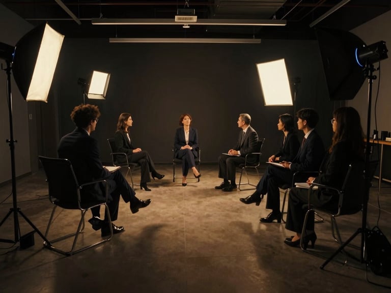 Wide anamorphic shot of a corporate interview set, professional lighting setups visible, deep shadows, golden accent lights.