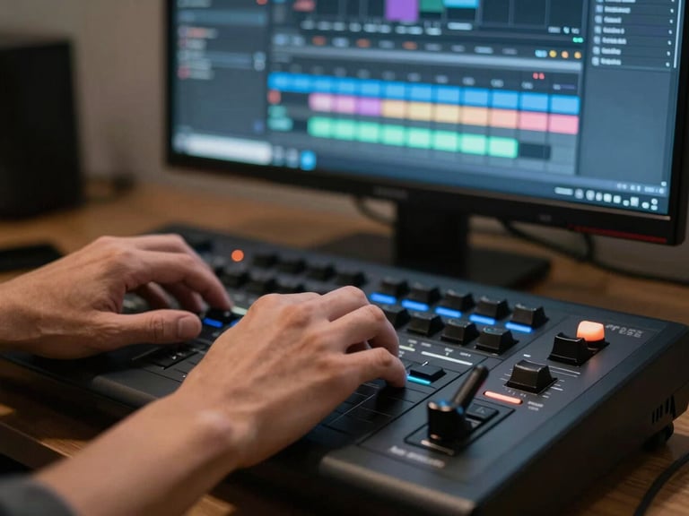 Close-up of hands on a professional editing keyboard and jog shuttle controller, color-correction software visible on monitor in background, cool blue screen glow, shallow depth of field, tungsten ambient light from left