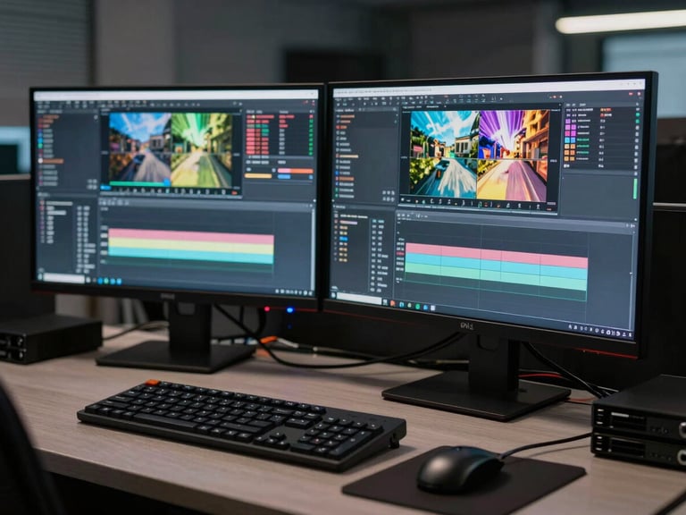 Wide shot of an active edit bay workstation: two high-resolution monitors side by side displaying color-graded footage, a professional control surface keyboard and trackball in the foreground, soft monitor glow against a dark room, cables and hard drives visible on the desk