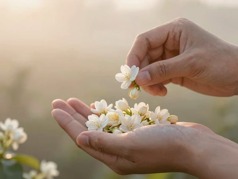 Hands harvesting delicate white jasmine buds at dawn, soft morning mist, shallow depth of field, warm editorial photography