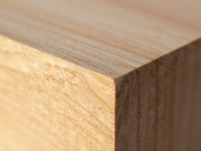 Raw cedarwood block reflecting soft golden light, macro lens, warm champagne tones, 35mm