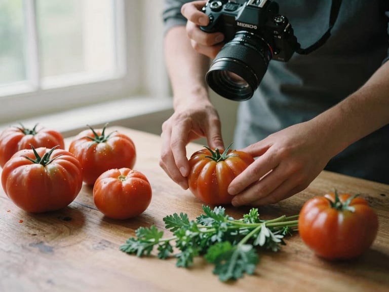 Candid editorial photo of a food stylist arranging fresh heirloom tomatoes and herbs on a rustic table under soft window light, hands holding a camera from above, 35mm film look.