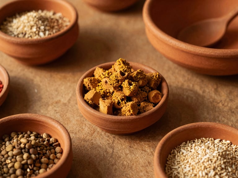 Overhead flat-lay of authentic Latin American ingredients, warm golden-hour sunlight, rich terracotta tones, shallow depth of field, 35mm