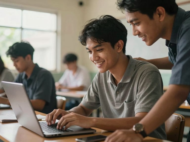 Medium shot of an adult student in Indonesia smiling while typing on a laptop in a warm daylight classroom, a tutor guiding them gently from the side, natural lighting, highly focused and encouraging atmosphere.