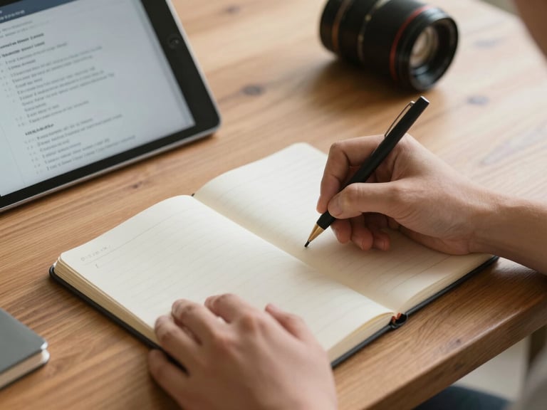 Close-up of hands writing in a notebook next to a tablet showing educational slides, warm daylight illuminating a wooden table in a quiet room.