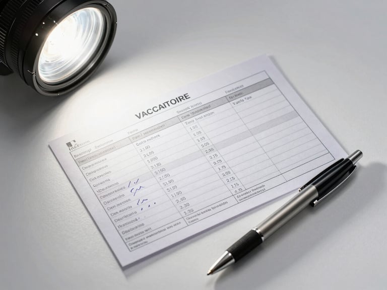 Flat-lay overhead shot of a vaccination record card on a clean white surface, sharp studio light from above left, the card filled with handwritten batch numbers and vaccine names in Spanish, a ballpoint pen resting diagonally across the lower right corner, no shadows, clinical clarity