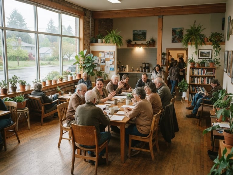 Wide environmental shot of a sunlit community room in Washington, soft overcast window light, wooden chairs, indoor plants, warm 35mm editorial photography, muted earth tones.
