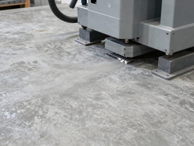 Close-up of industrial diamond-grinding machinery prepping a concrete floor, bright crisp overhead lighting, dust extraction hose visible, slate gray tones