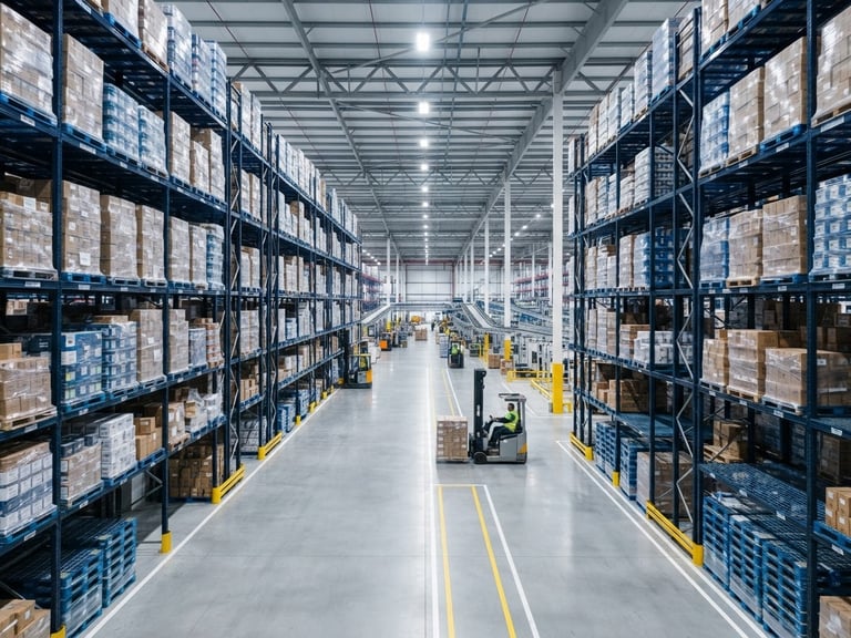 Wide-angle clean commercial photography of a modern high-bay logistics warehouse with neatly stacked wholesale pallets, cool slate and blue tones, bright neutral lighting.