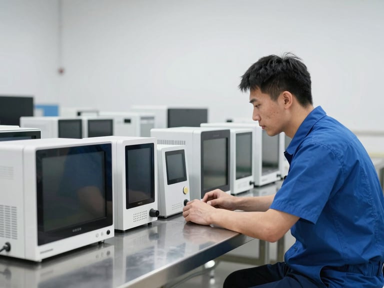 A professional technician inspecting a structured arrangement of consumer electronic devices on a clean steel workbench, bright neutral commercial lighting