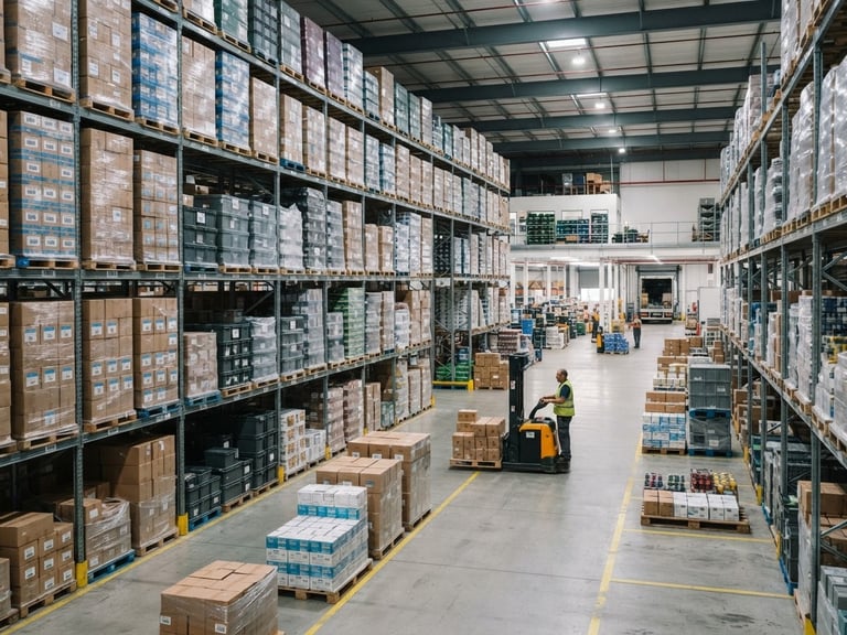 Wide-angle commercial photograph of organized warehouse logistics, neatly stacked wholesale pallets under bright neutral lighting, cool slate tones, 35mm.